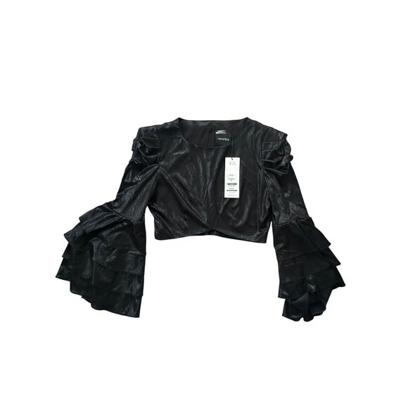 RETROFETE Bateau Black Ruffle Sleeve Crop Blouse Size Medium - Picture 2 of 9